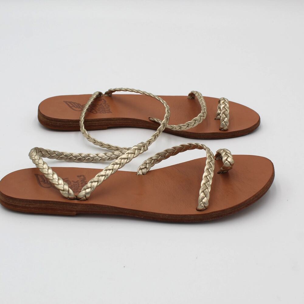 Ancient Greek Sandals 38 Womens 8 Gold Leather Braided Strappy Flat Slip On Boho